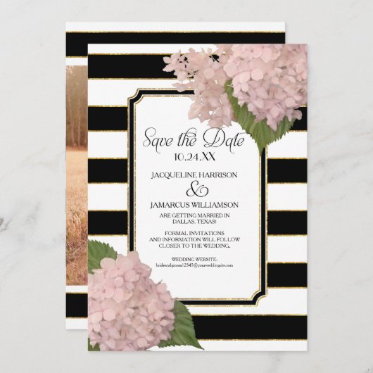 Invitation Hydrangeas Enregistrez la Date Photo Large Rayure (Devant / Derrière)