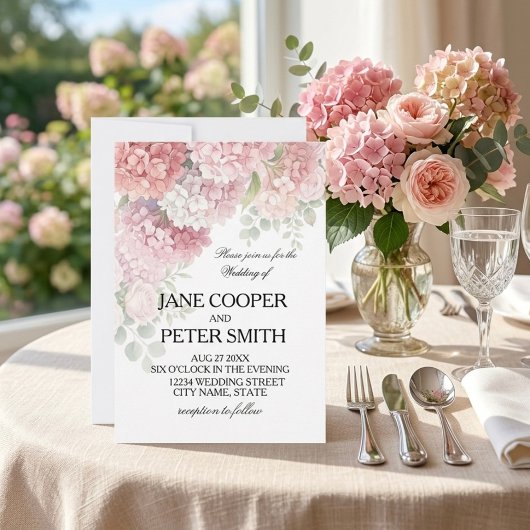 Invitation Hydrangeas et roses couleurs pastel