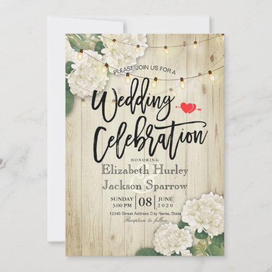 Invitation Hydrangeas Floral Rustic Bois String Mariage clair (Devant)