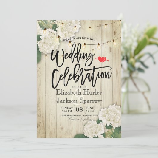 Invitation Hydrangeas Floral Rustic Bois String Mariage clair (Debout devant)