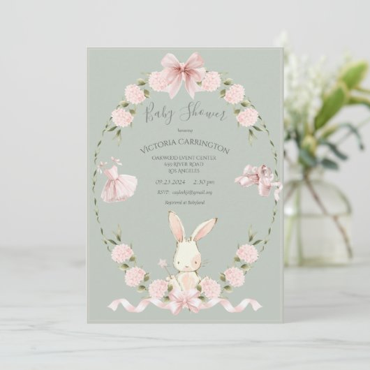 Invitation Hydrangeas Lapin Rose Sage Ballerine Bébé (Debout devant)