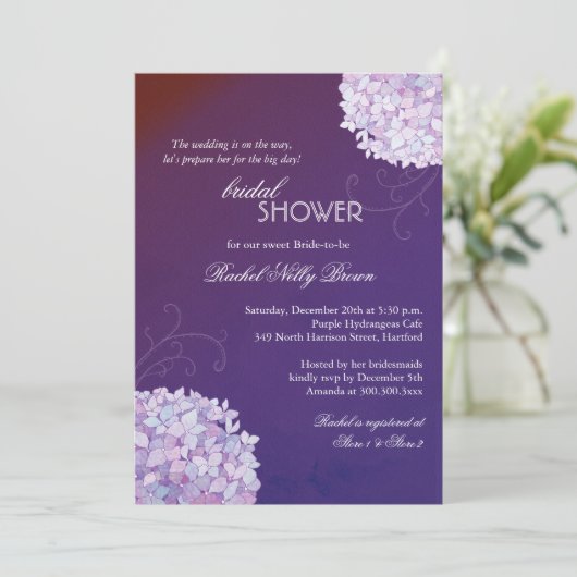 Invitation Hydrangeas Posh Plum Fête des mariées (Debout devant)