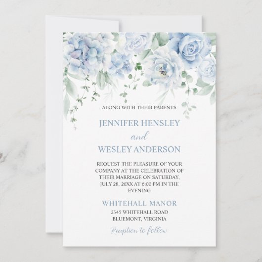 Invitation Hydrangeas Roses bleu pâle (Devant)