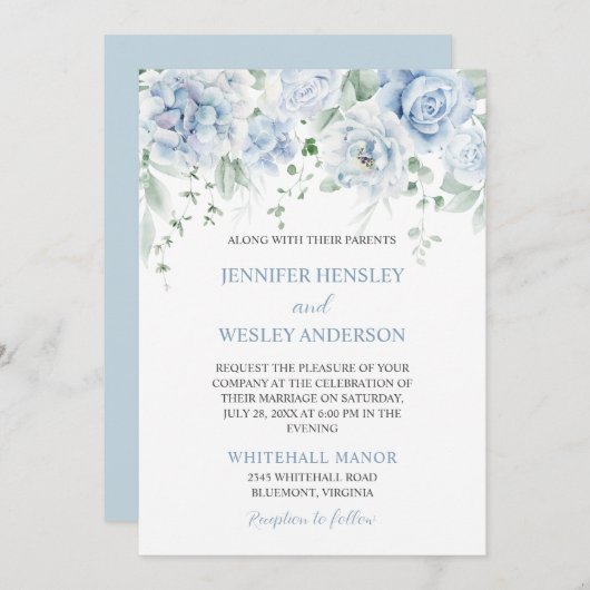 Invitation Hydrangeas Roses bleu pâle (Devant / Derrière)