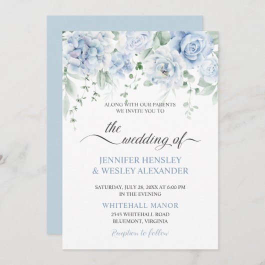 Invitation Hydrangeas Roses bleu pâle (Devant / Derrière)