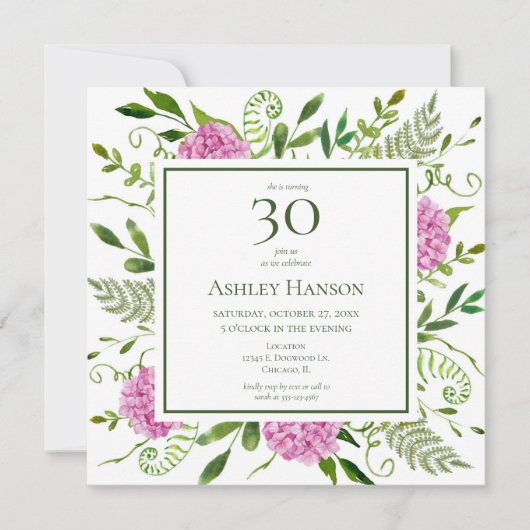 Invitation Hydrangeas roses pour 30e anniversaire (Devant)