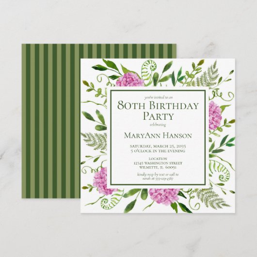 Invitation Hydrangeas roses pour 80e anniversaire (Devant / Derrière)