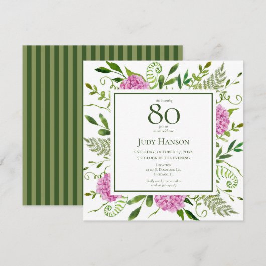 Invitation Hydrangeas roses pour 80e anniversaire (Devant / Derrière)