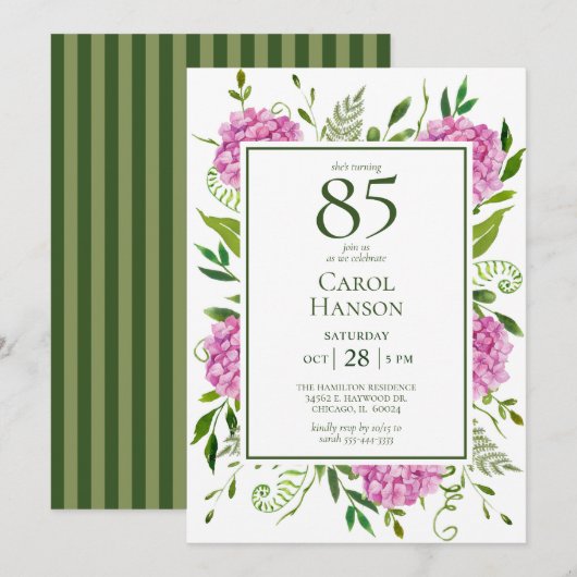 Invitation Hydrangeas roses pour 85e anniversaire (Devant / Derrière)