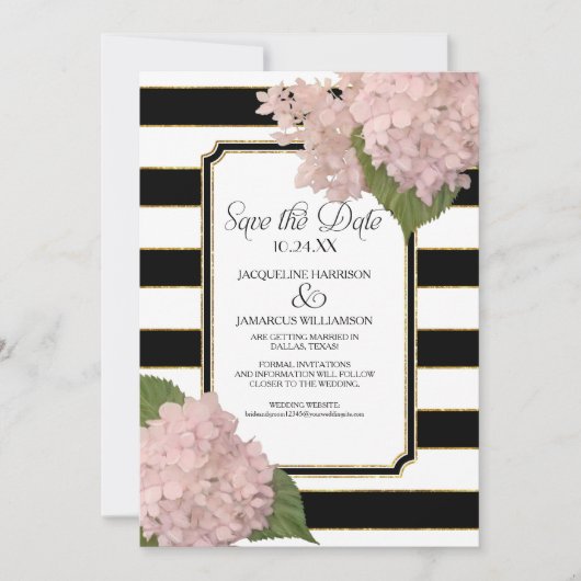 Invitation Hydrangeas Sauver la Date Photo Large Rayure Or (Devant)