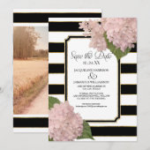 Invitation Hydrangeas Sauver la Date Photo Large Rayure Or (Devant / Derrière)