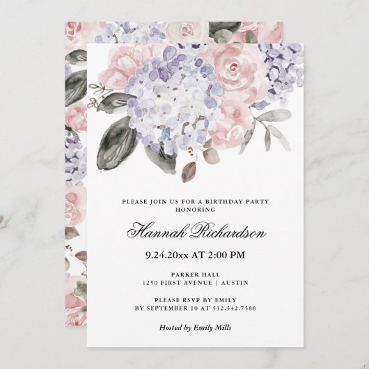 Invitation Hydrangeas vintages | Fête d'anniversaire (Devant / Derrière)