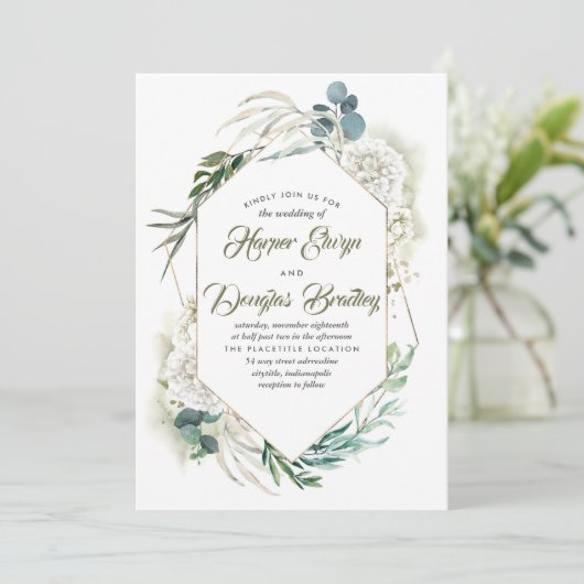 Invitation Hydrangée blanche et verdure Mariage Floral modern (Debout devant)