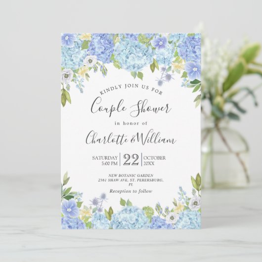 Invitation Hydrangée bleu clair Aquarelle Couple Douche (Debout devant)