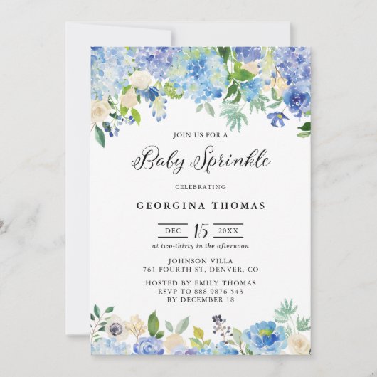 Invitation Hydrangée bleu et sauterelle Rose pour bébé (Devant)