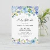 Invitation Hydrangée bleu et sauterelle Rose pour bébé (Debout devant)