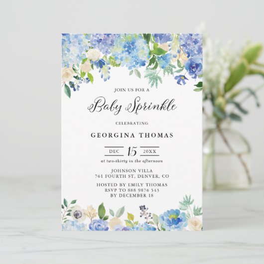 Invitation Hydrangée bleu et sauterelle Rose pour bébé (Debout devant)