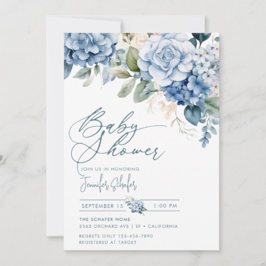 Invitation Hydrangée bleue | Baby shower Feuille des fleurs (Devant)