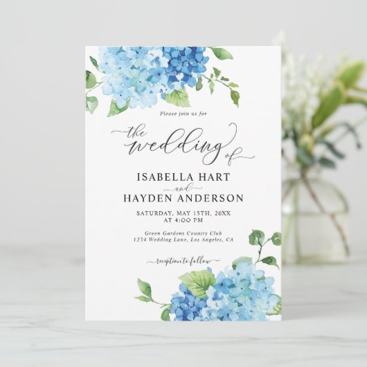 Invitation Hydrangée Bleue Clair Tout en un Mariage Floral QR (Debout devant)