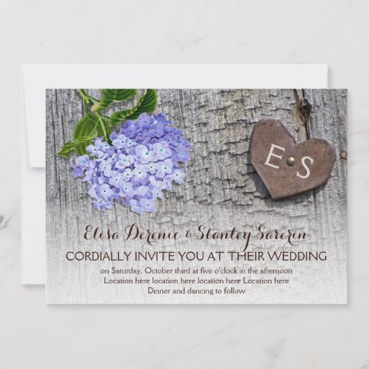 Invitation Hydrangée bleue & coeur, monogramme sur mariage de (Devant)