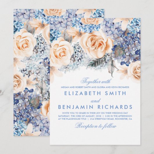Invitation Hydrangée Bleue et Fleurs de Pêche - Mariage Flora (Devant / Derrière)