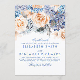 Invitation Hydrangée Bleue et Fleurs de Pêche - Mariage Flora