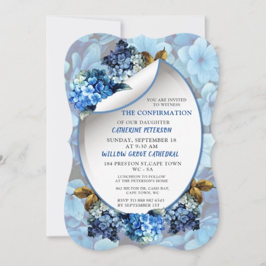 Invitation Hydrangée bleue Fleurs aquarelles Confirmation i (Devant)