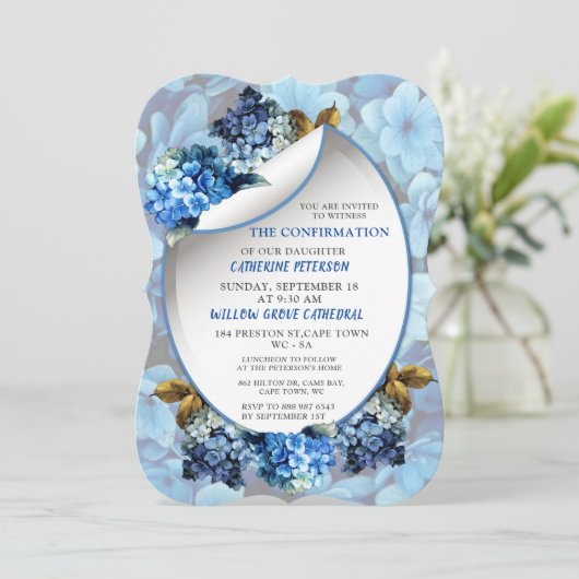 Invitation Hydrangée bleue Fleurs aquarelles Confirmation i (Debout devant)