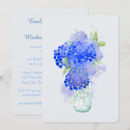 Invitation Hydrangee Fleur Aquarelle Bleu Vert Mariage (Devant / Derrière)