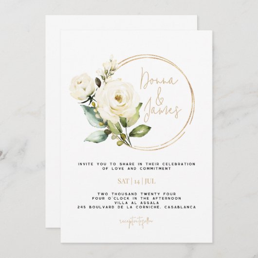 Invitation Hydrangée, Flore Blanche & Verdure, Or, Cadre (Devant / Derrière)