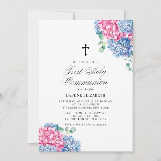 Invitation Hydrangée rose et bleu Première communion sainte (Devant)