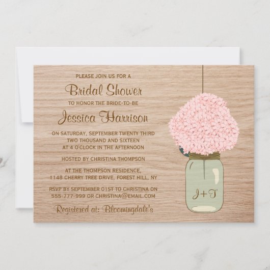 Invitation Hydrangée rose et Fête des mariées de pot Mason (Devant)