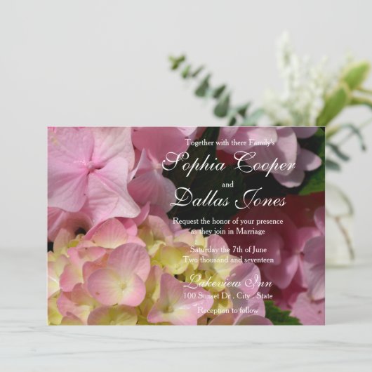 Invitation Hydrangée rose jaune rose vert Mariage (Debout devant)