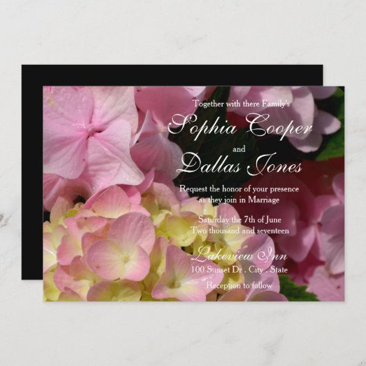 Invitation Hydrangée rose jaune rose vert Mariage (Devant / Derrière)
