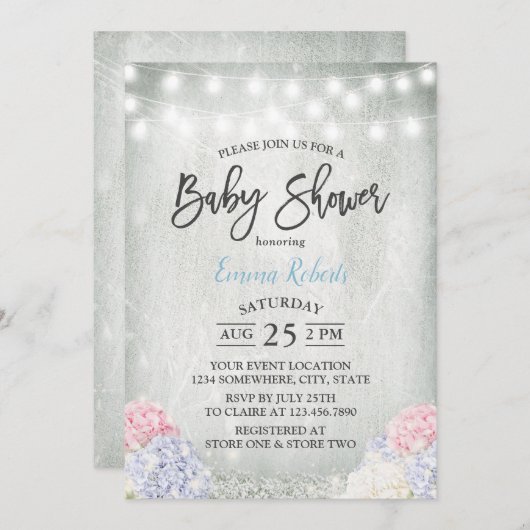 Invitation Hydrangée Rustique Floral Élégant Baby shower (Devant / Derrière)