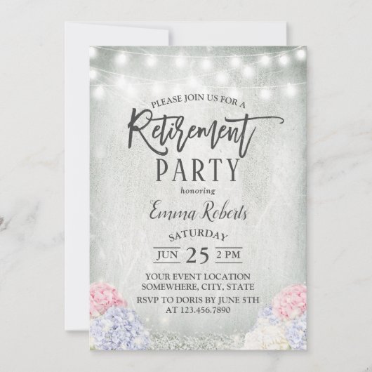 Invitation Hydrangée Rustique Floral String Lights Retirement (Devant)