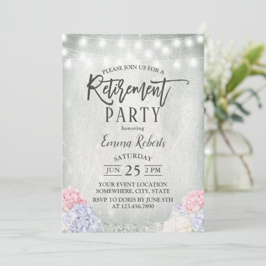 Invitation Hydrangée Rustique Floral String Lights Retirement (Debout devant)