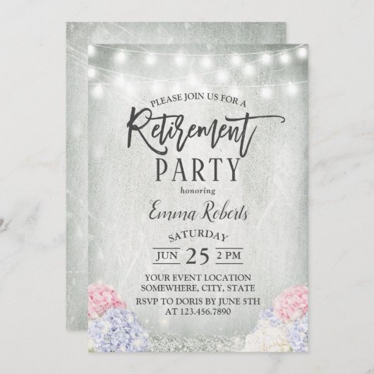 Invitation Hydrangée Rustique Floral String Lights Retirement (Devant / Derrière)
