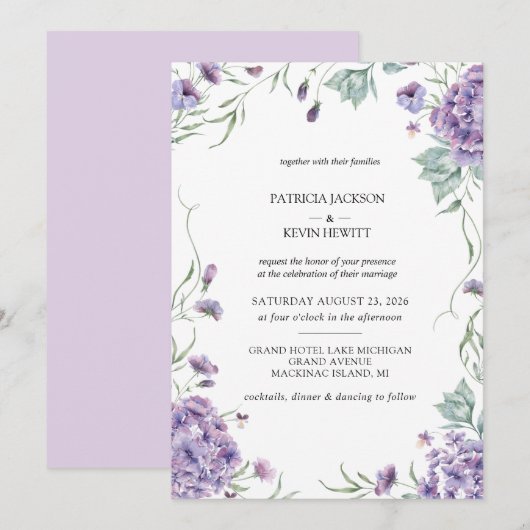 Invitation Hydrangée violette Aquarelle Mariage Floral (Devant / Derrière)