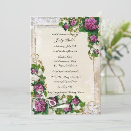 Invitation Hydrangée Violette Et Dentelle Envoi De Douche Nup (Debout devant)