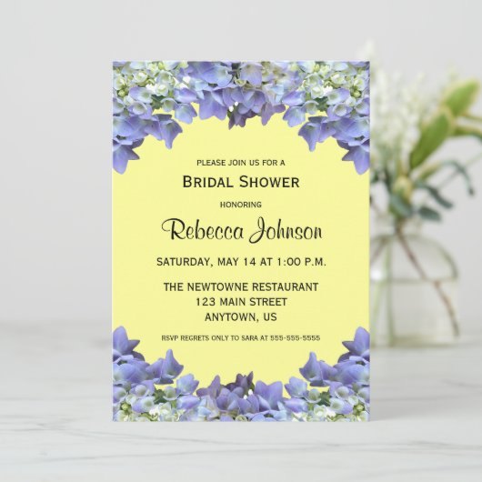 Invitation Hydrangée violette sur Fête des mariées jaune (Debout devant)