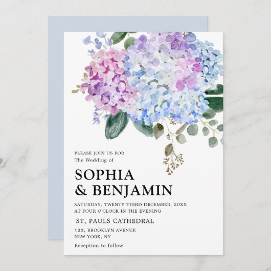 Invitation Hydrangées bleu pâle rose pastel mariage (Devant / Derrière)