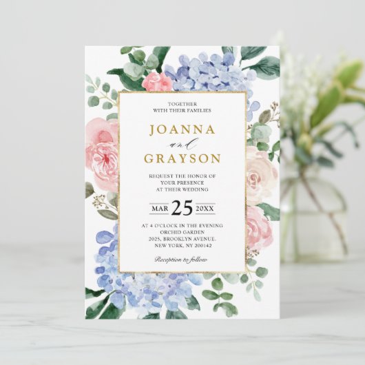 Invitation Hydrangées bleu pâle rose pastel mariage (Debout devant)