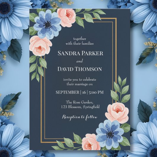 Invitation Hydrangées bleu pâle rose pastel mariage