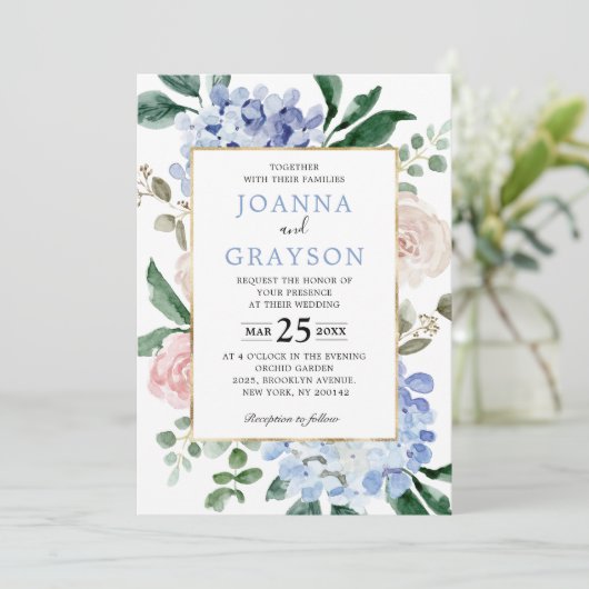 Invitation Hydrangées bleu pâle rose pastel mariage (Debout devant)