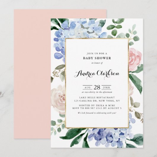Invitation Hydrangées bleues et Baby shower de roses roses ro (Devant / Derrière)