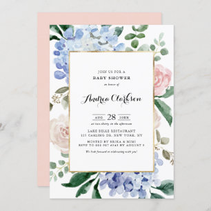 Invitation Hydrangées bleues et Baby shower de roses roses ro