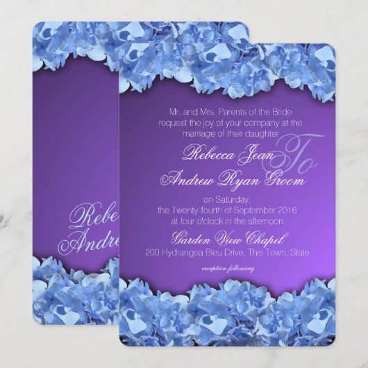 Invitation Hydrangées bleues et lavande violet (Devant / Derrière)