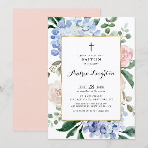 Invitation Hydrangées bleues et roses roses roses roses Baptê