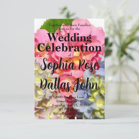 Invitation Hydrangées florales rose pâle bleu jaune vert (Debout devant)